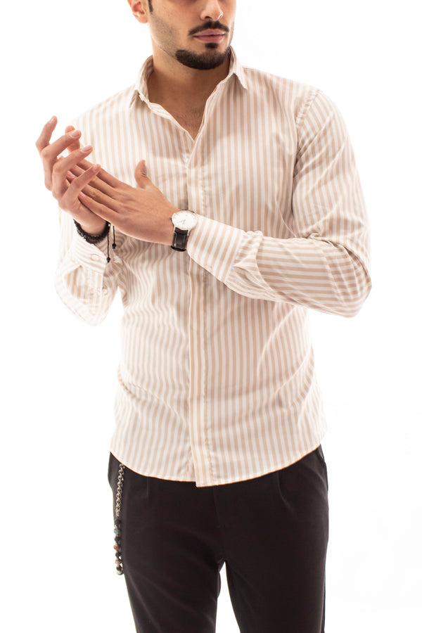 CHEMISE HOMME ART.AKIRO' RAYURES ÉTROITES BEIGE COL NORMAL ART. CM77