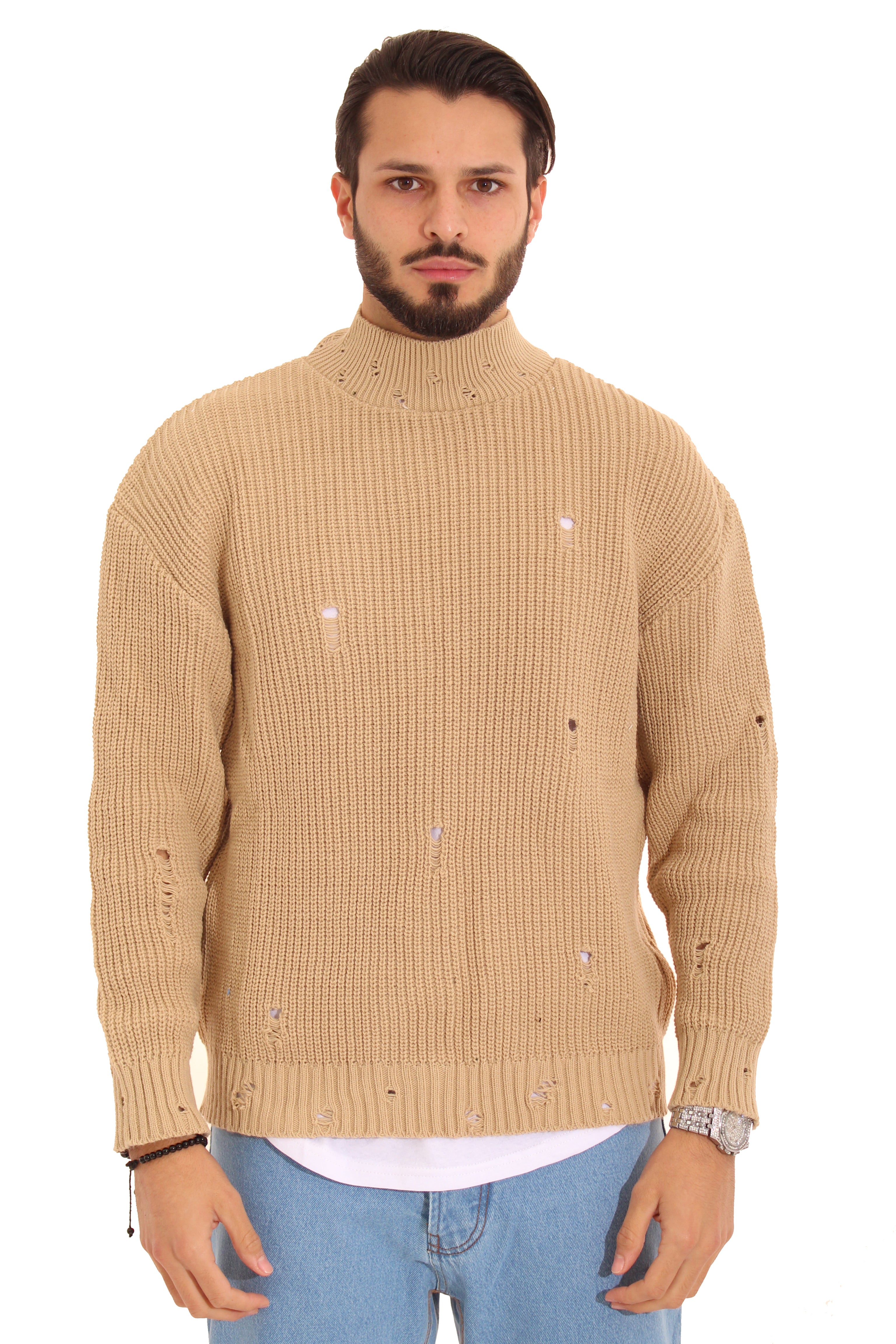 Maglione Uomo Pullover Mezzo Collo Con Abrasioni Art. Mg78