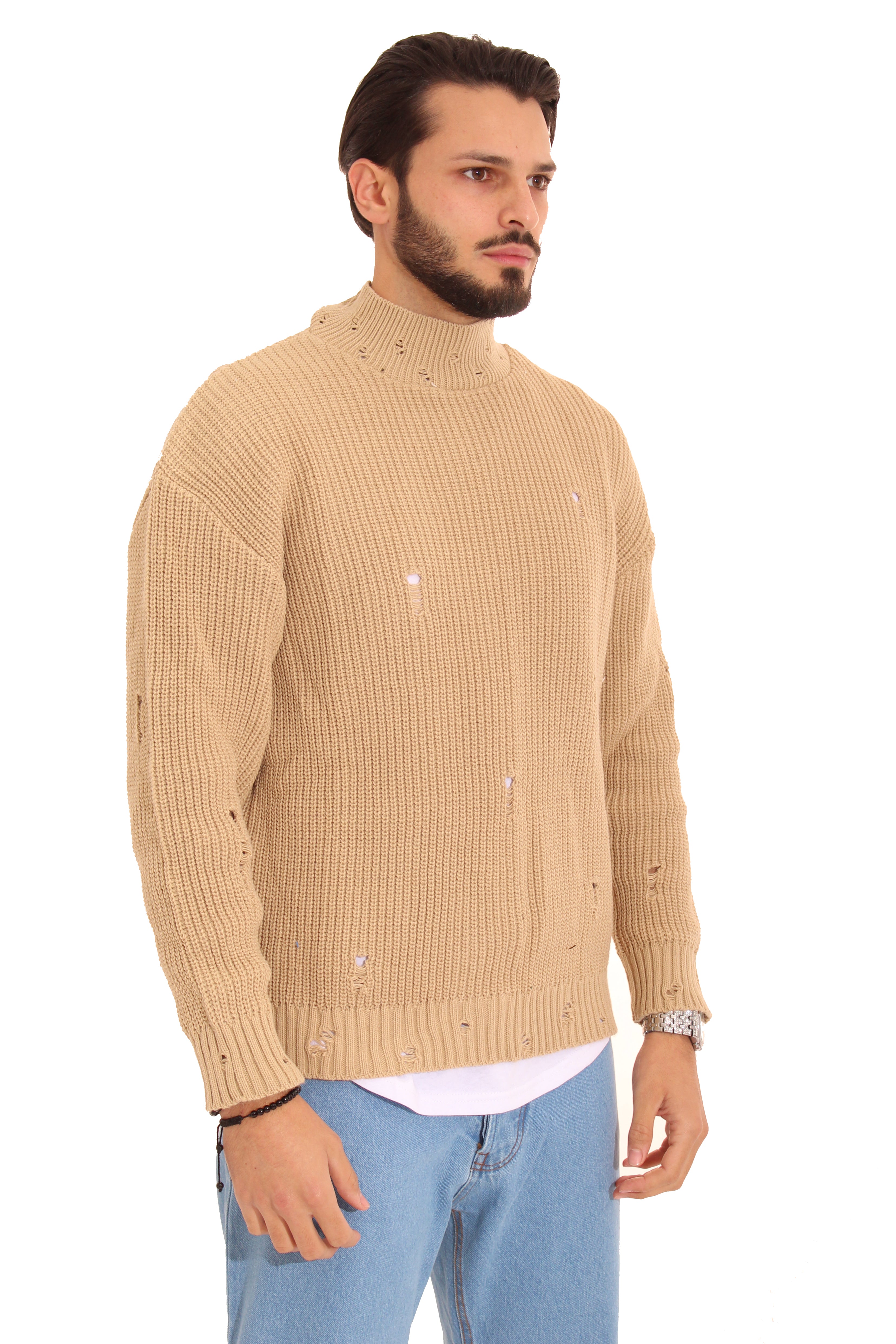 Maglione Uomo Pullover Mezzo Collo Con Abrasioni Art. Mg78