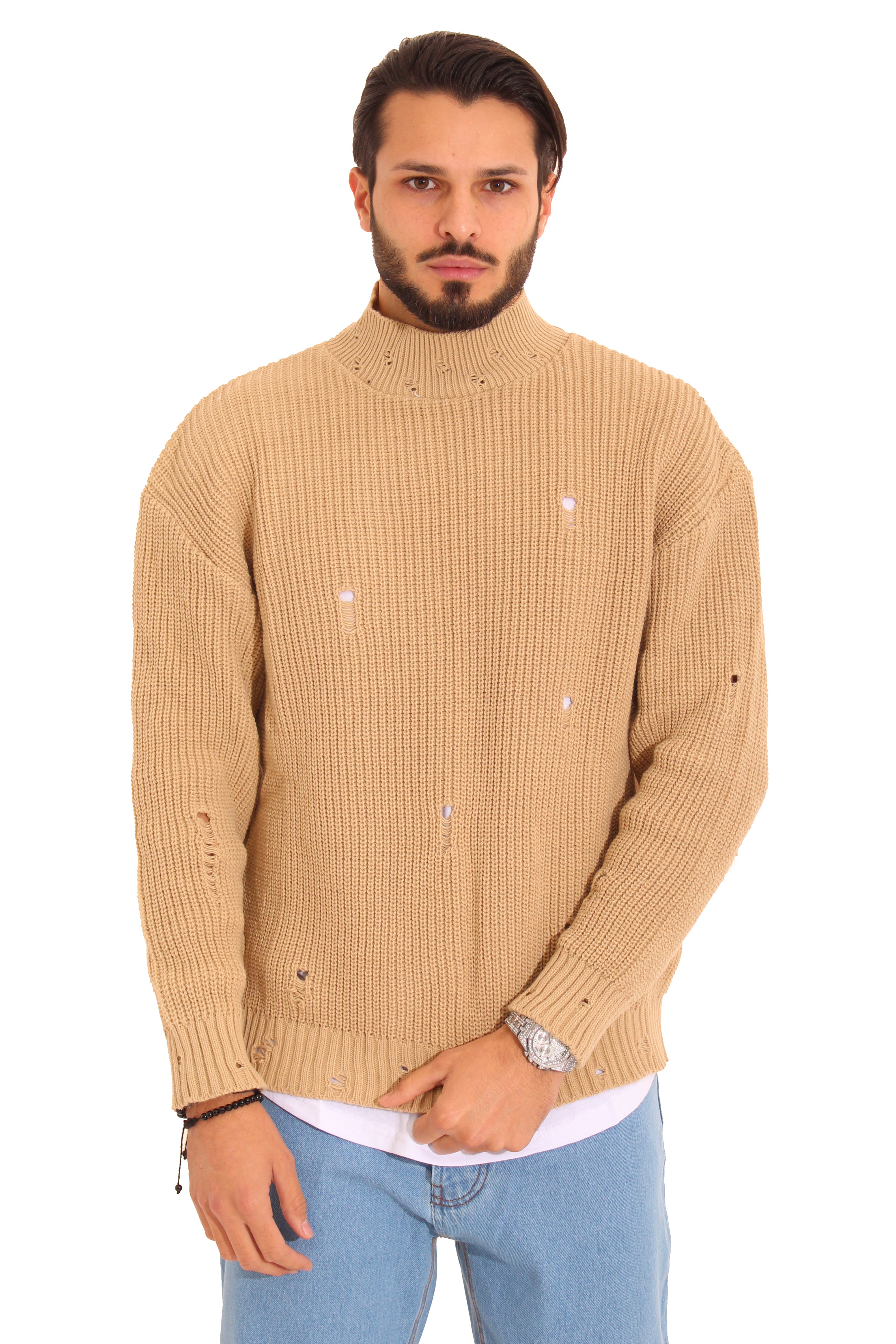 Maglione Uomo Pullover Mezzo Collo Con Abrasioni Art. Mg78