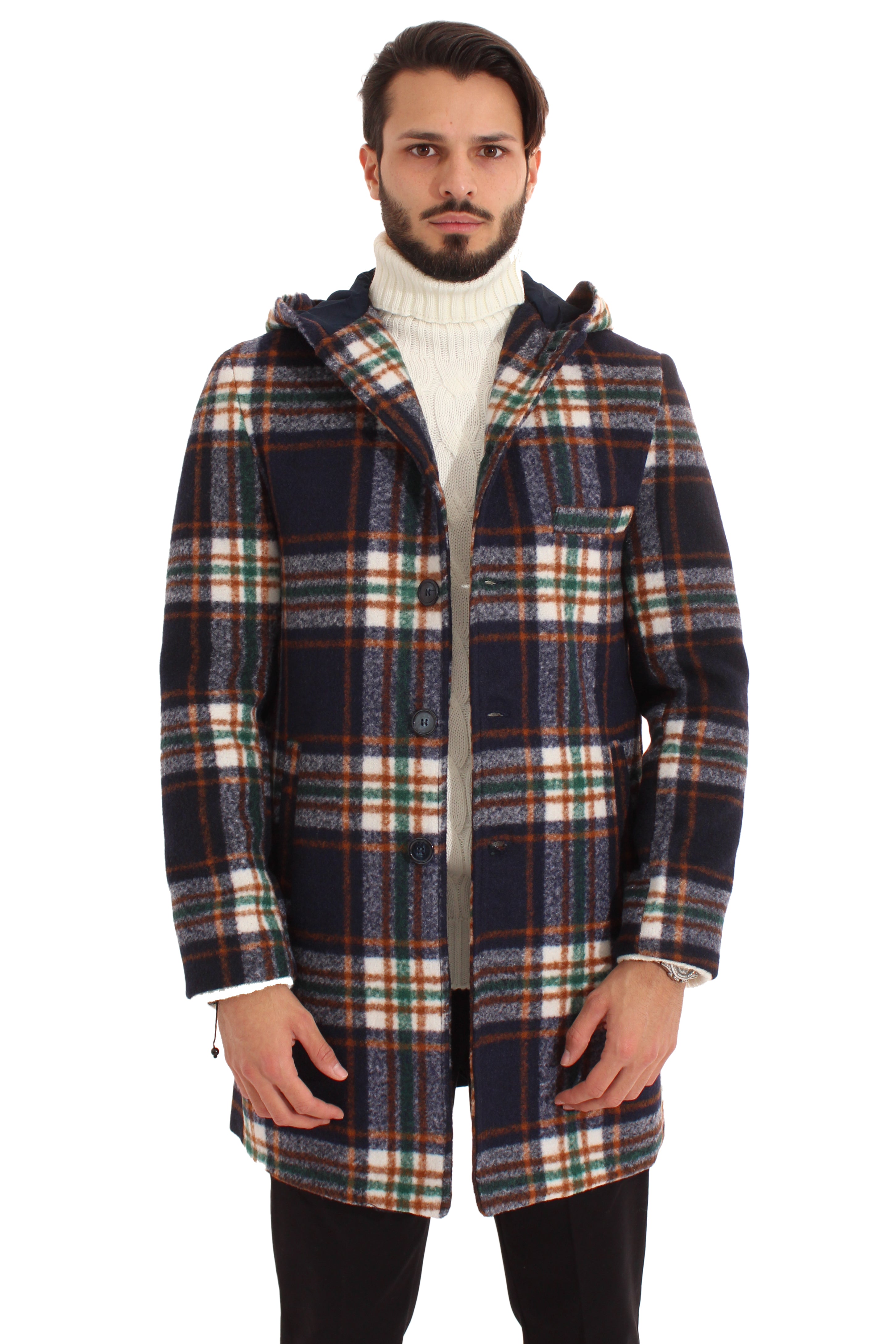 Cappotto Uomo Monopetto Scozzese Con Cappuccio Art. Cp21