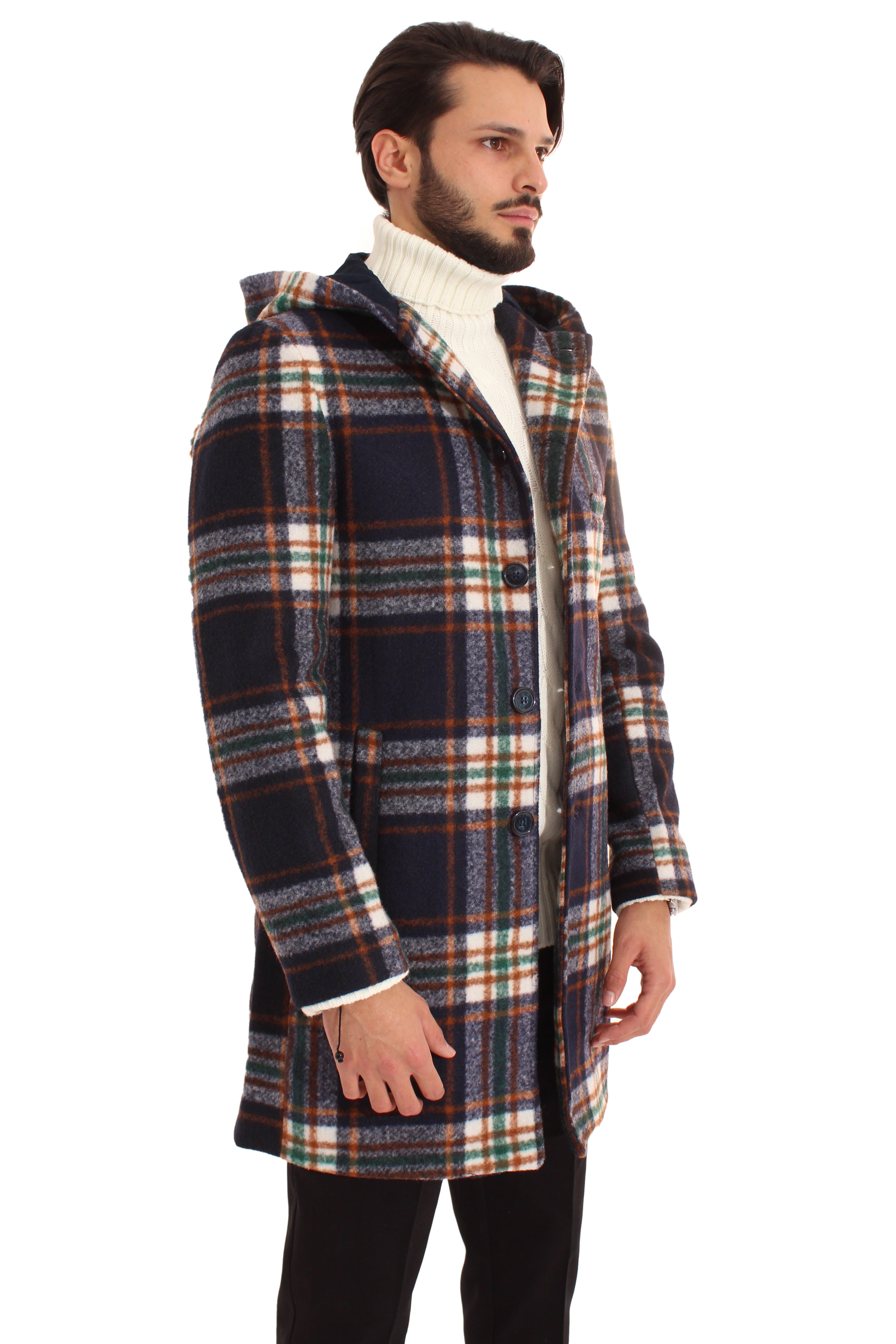 Cappotto Uomo Monopetto Scozzese Con Cappuccio Art. Cp21