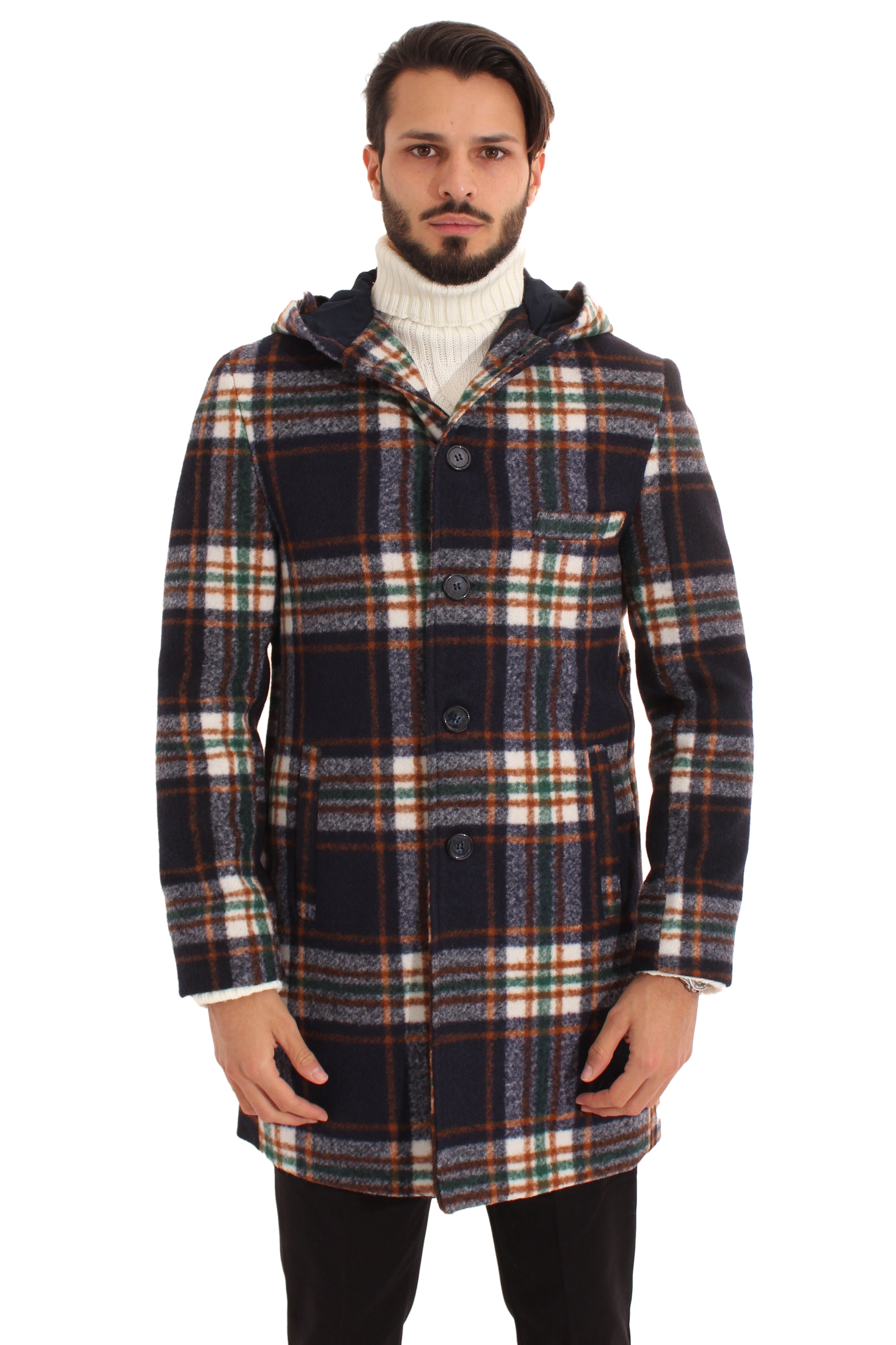 Cappotto Uomo Monopetto Scozzese Con Cappuccio Art. Cp21