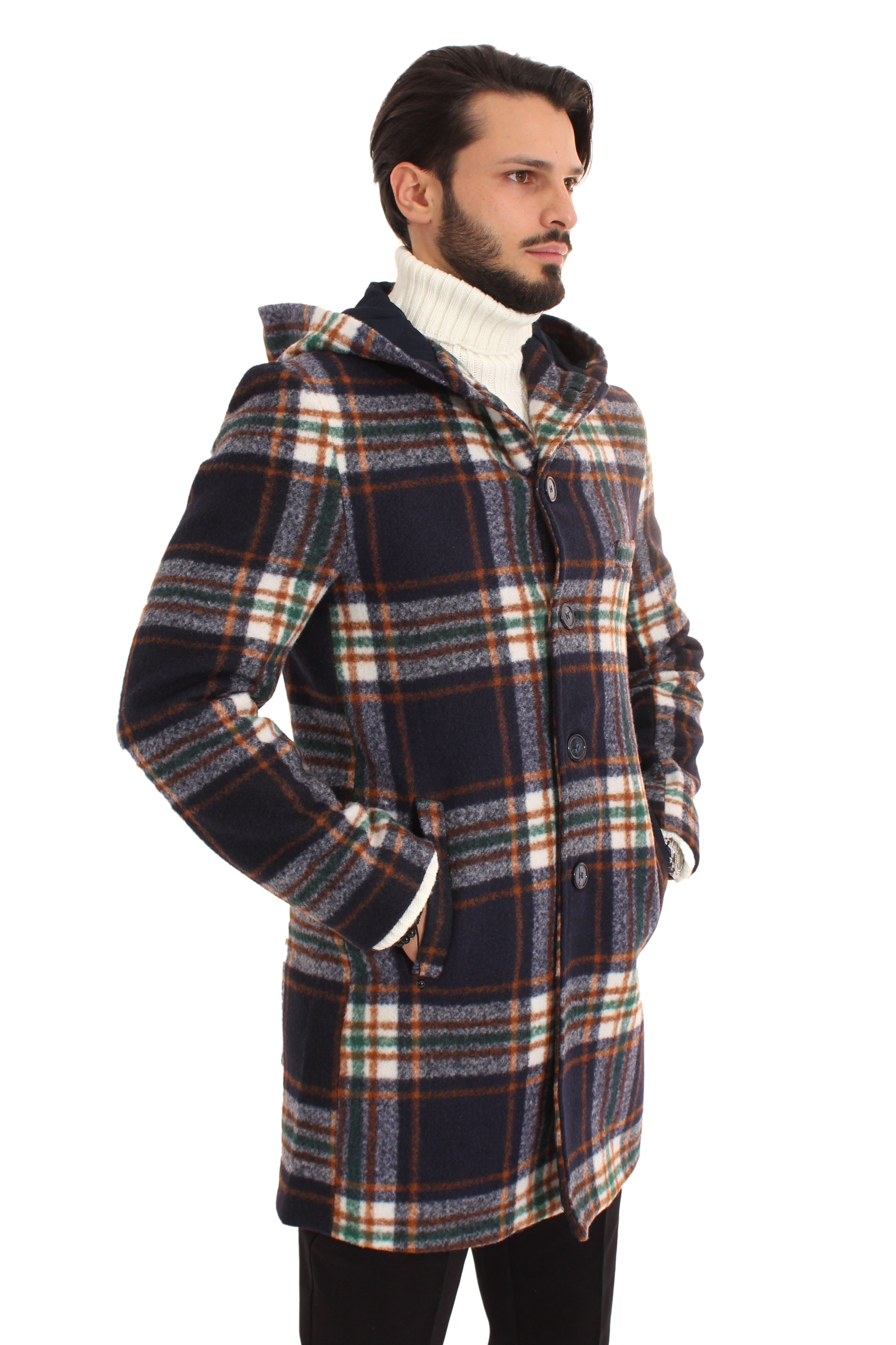 Cappotto Uomo Monopetto Scozzese Con Cappuccio Art. Cp21