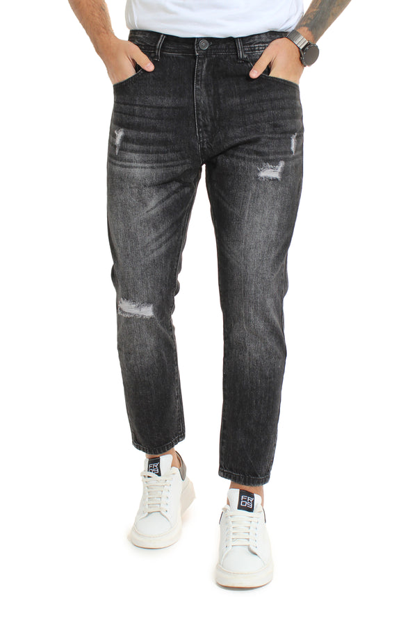 Jean noir basique pour homme avec abrasions et déchirures. Js215