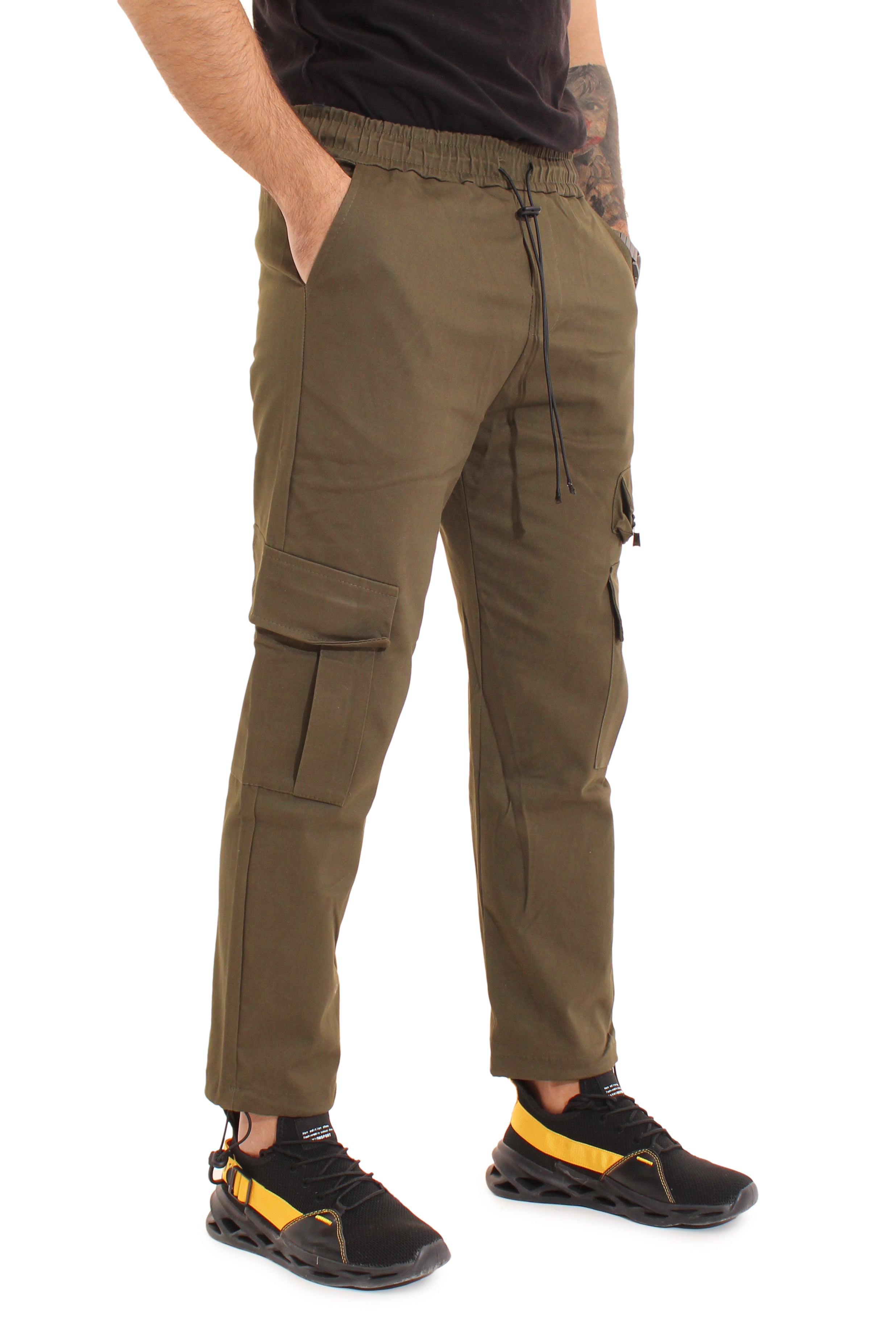 Pantalone Verde Uomo Cargo Tasca America Con Zip Laterale Tasconi Elastico In Vita Art. Pt51