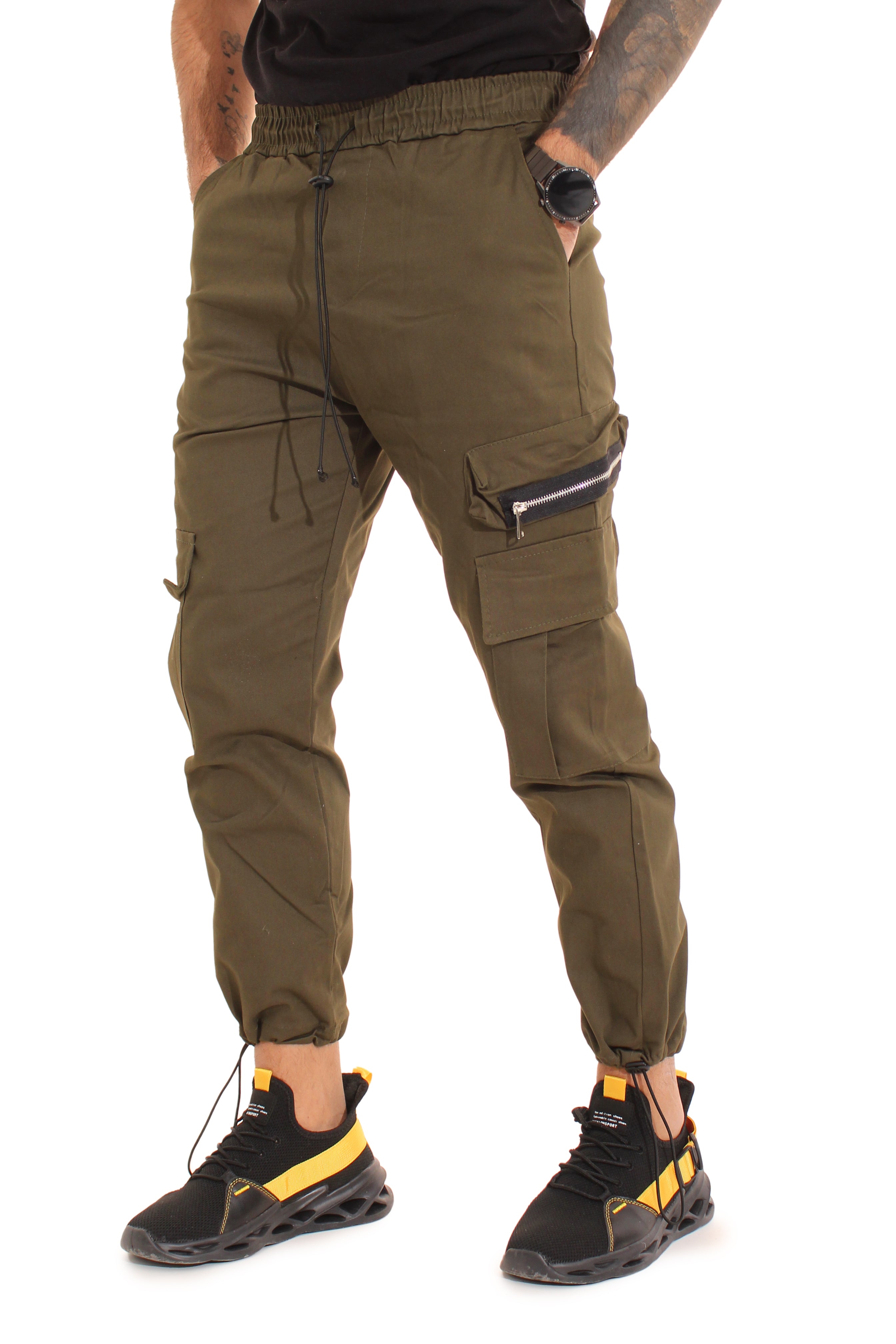 Pantalone Verde Uomo Cargo Tasca America Con Zip Laterale Tasconi Elastico In Vita Art. Pt51