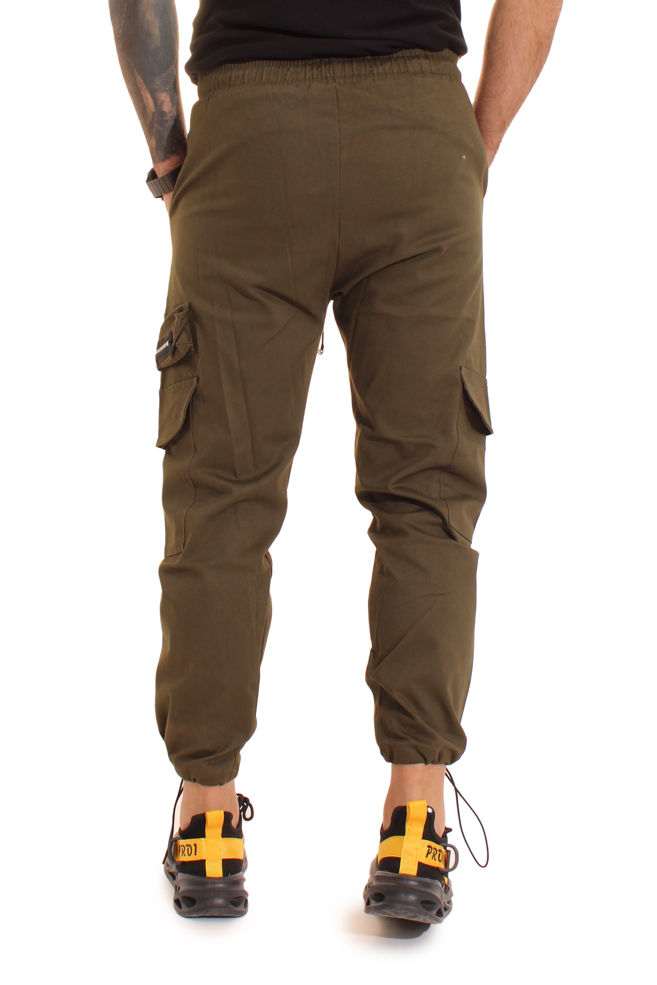 Pantalone Verde Uomo Cargo Tasca America Con Zip Laterale Tasconi Elastico In Vita Art. Pt51