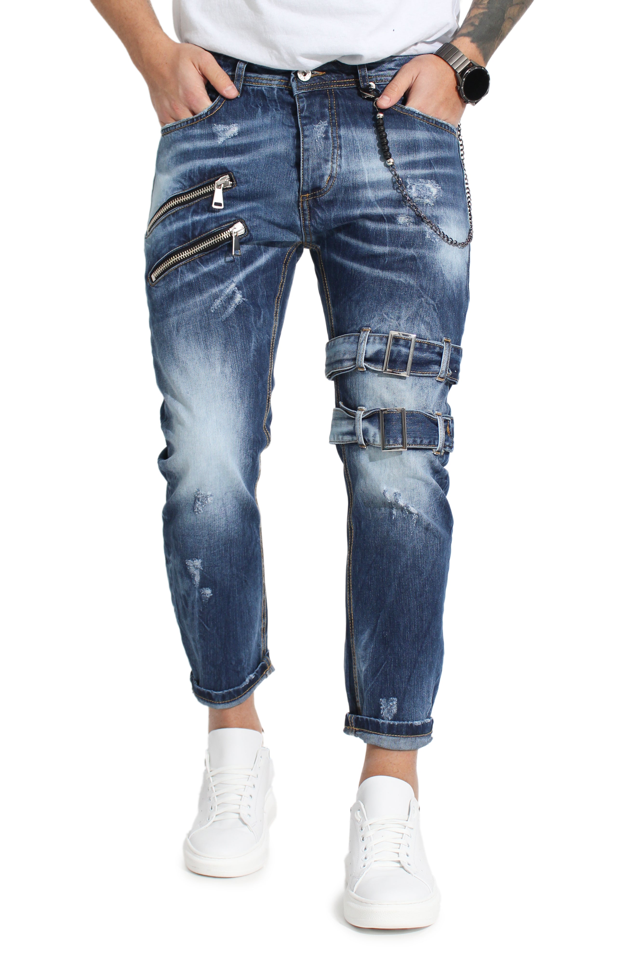 Jeans Uomo Con Fibbia e Zip Laterali 5 Tasche Art. Js236