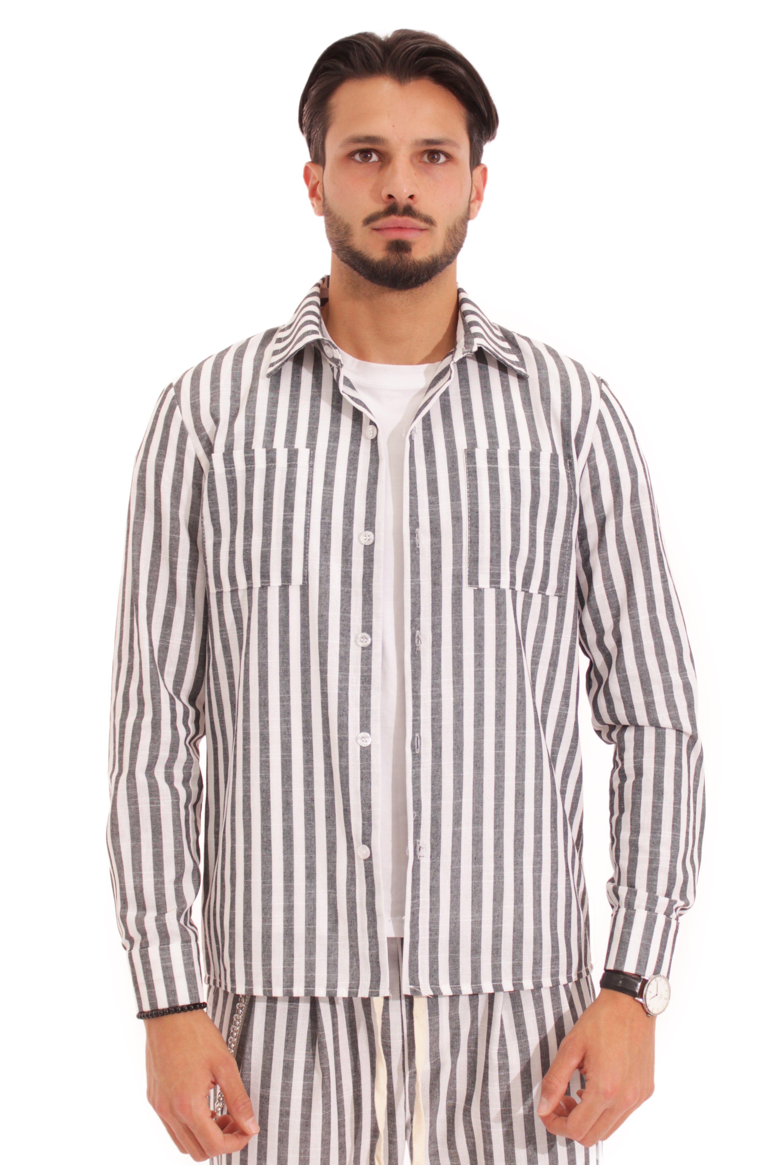 Camicia Uomo Righe Nere Cotone Colletto Normale Art. Cm96