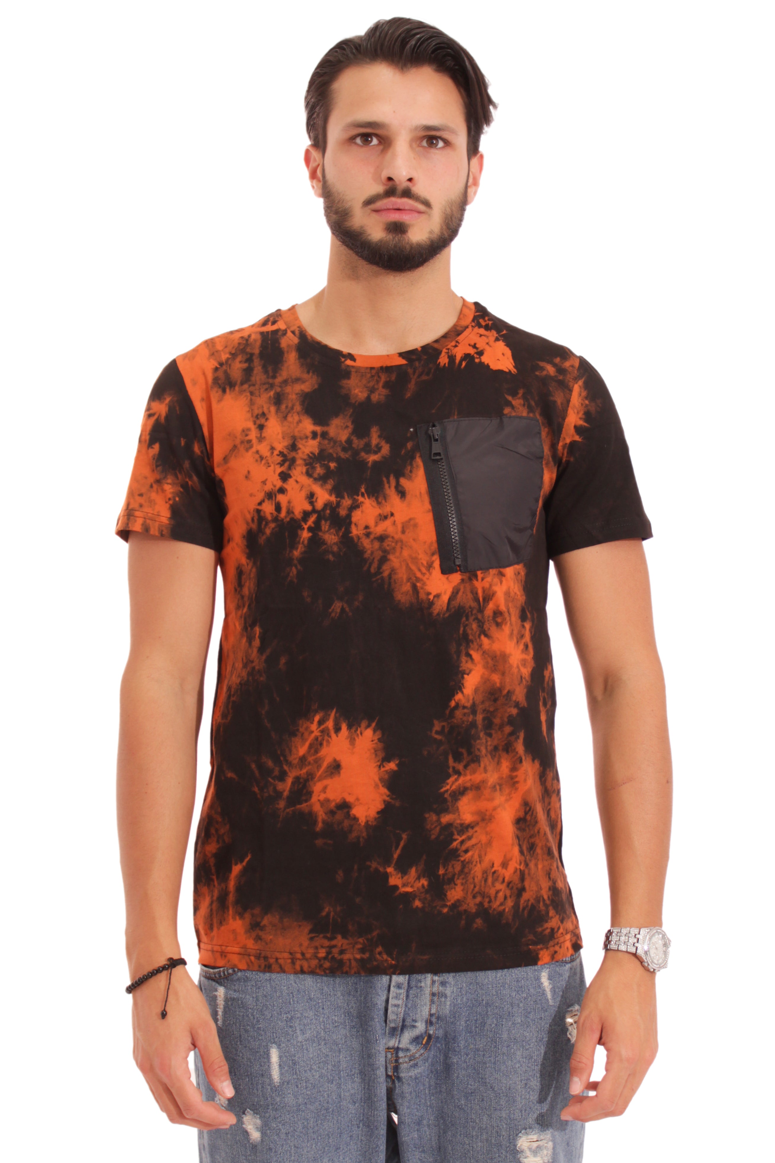 T-Shirt Uomo Effetto Tie Dye Con Taschino Art. Ts108 Nero/Arancio