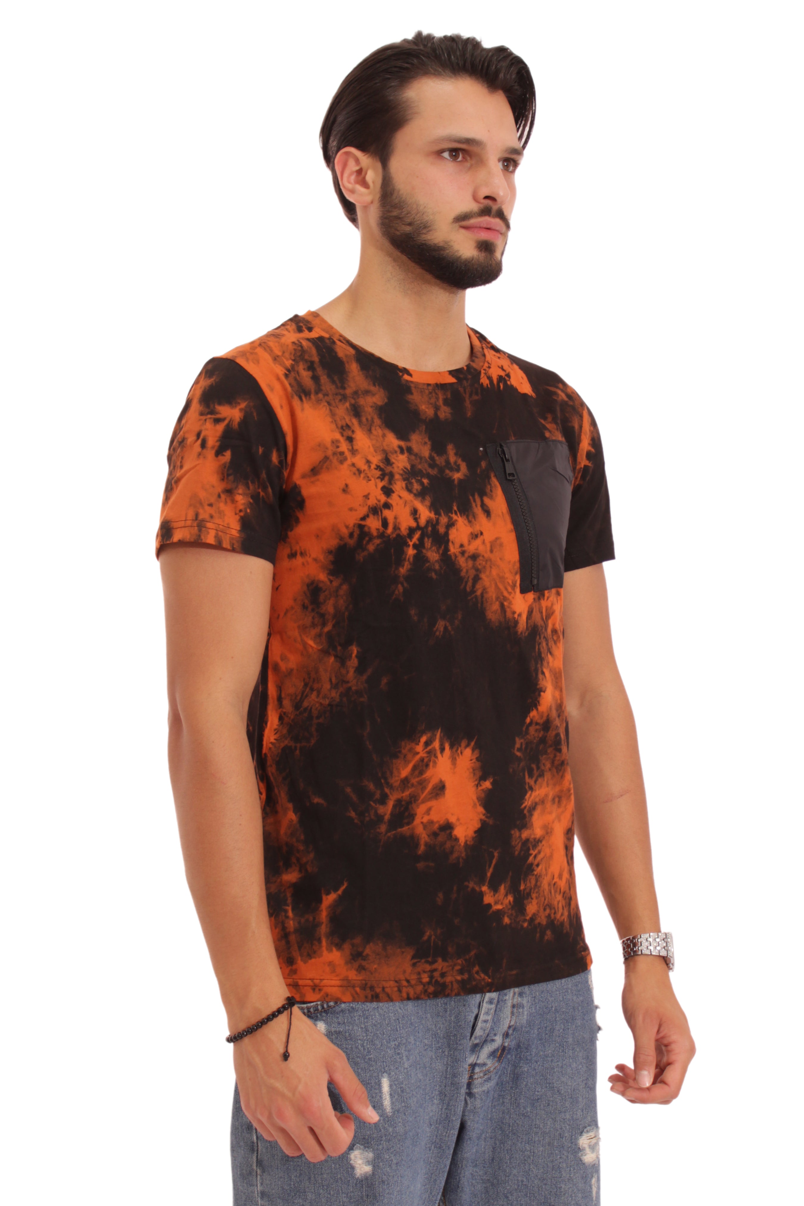 T-Shirt Uomo Effetto Tie Dye Con Taschino Art. Ts108 Nero/Arancio