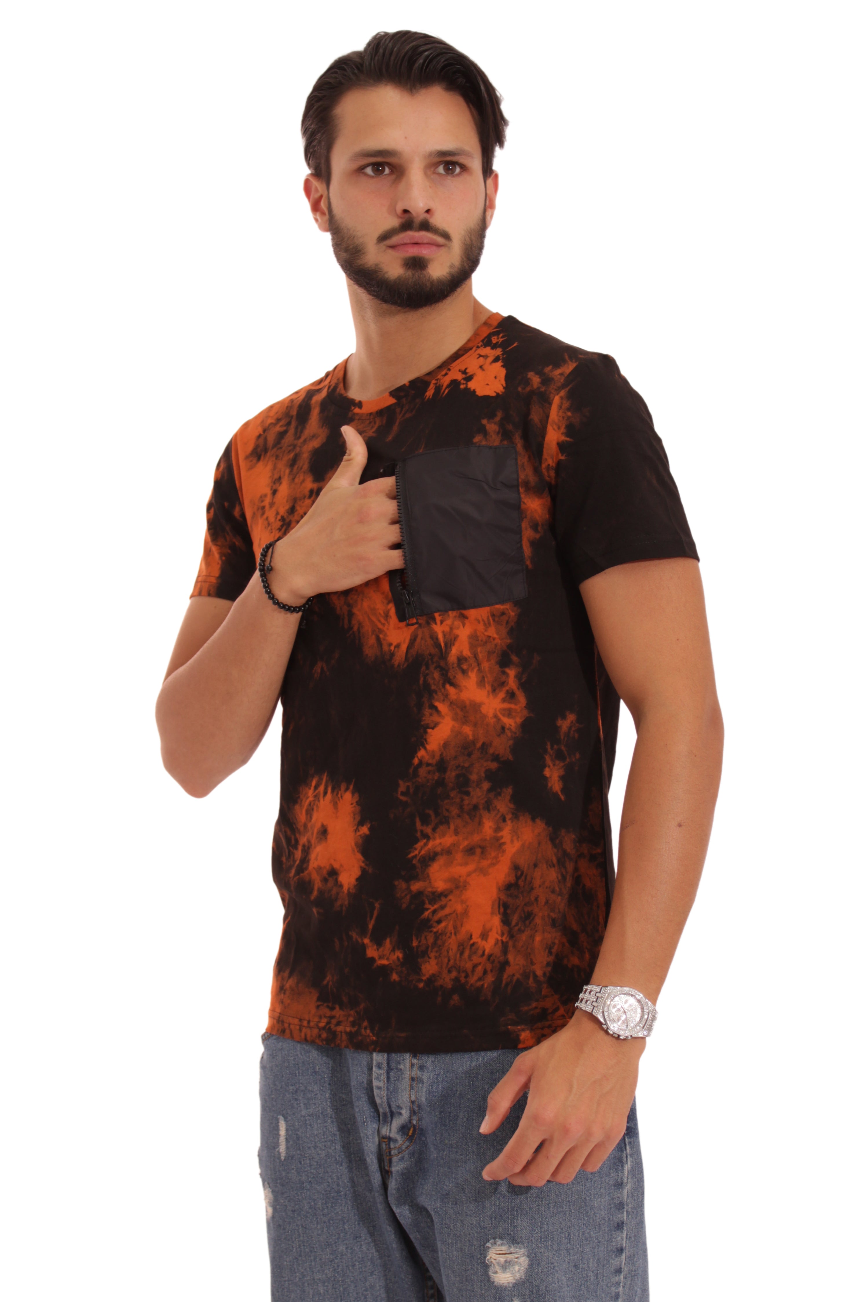 T-Shirt Uomo Effetto Tie Dye Con Taschino Art. Ts108 Nero/Arancio