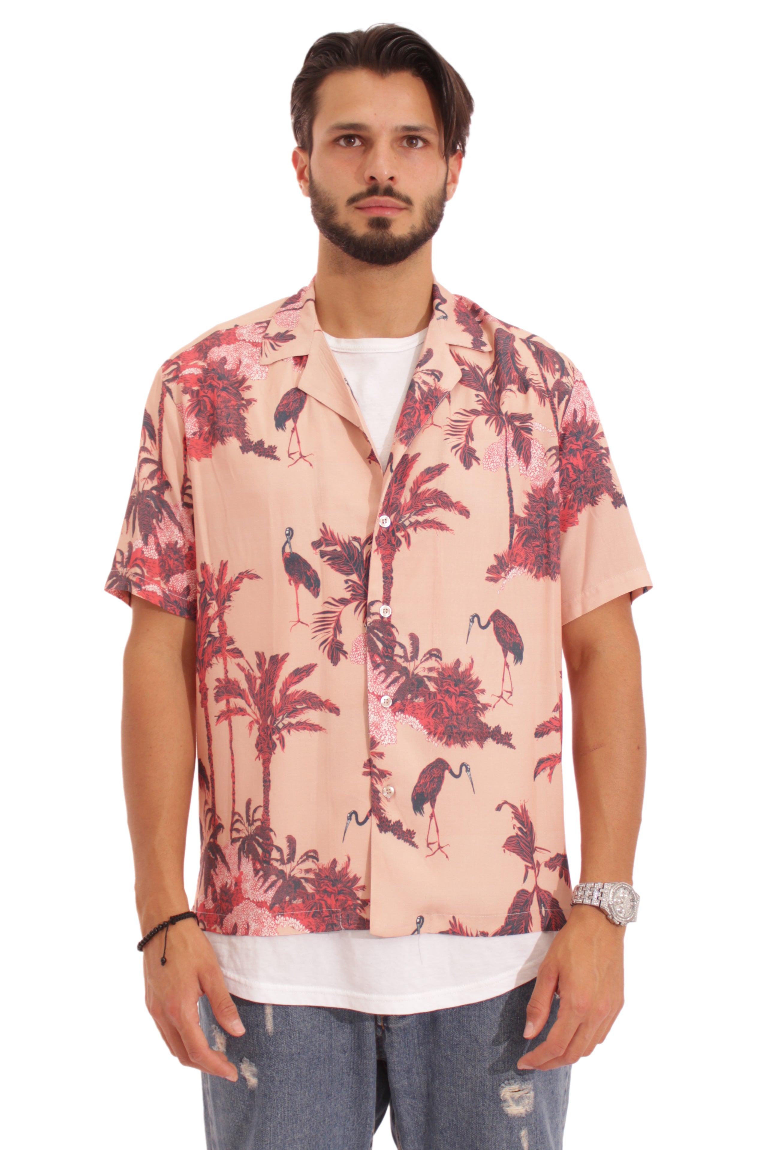 Camicia Uomo Mezze Maniche Fantasia Summer Fenicotteri Art. Cm100 Rosa