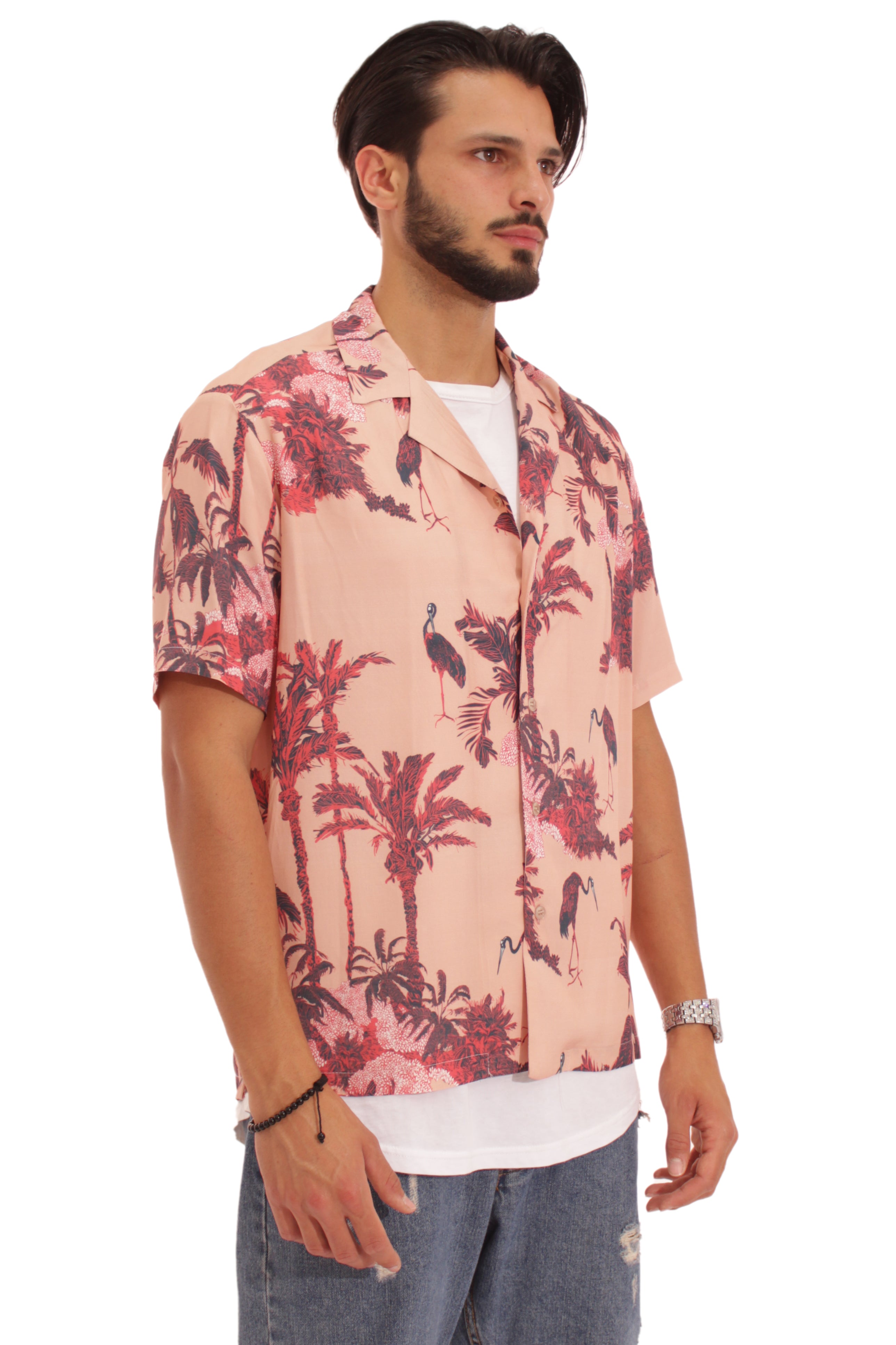 Camicia Uomo Mezze Maniche Fantasia Summer Fenicotteri Art. Cm100 Rosa