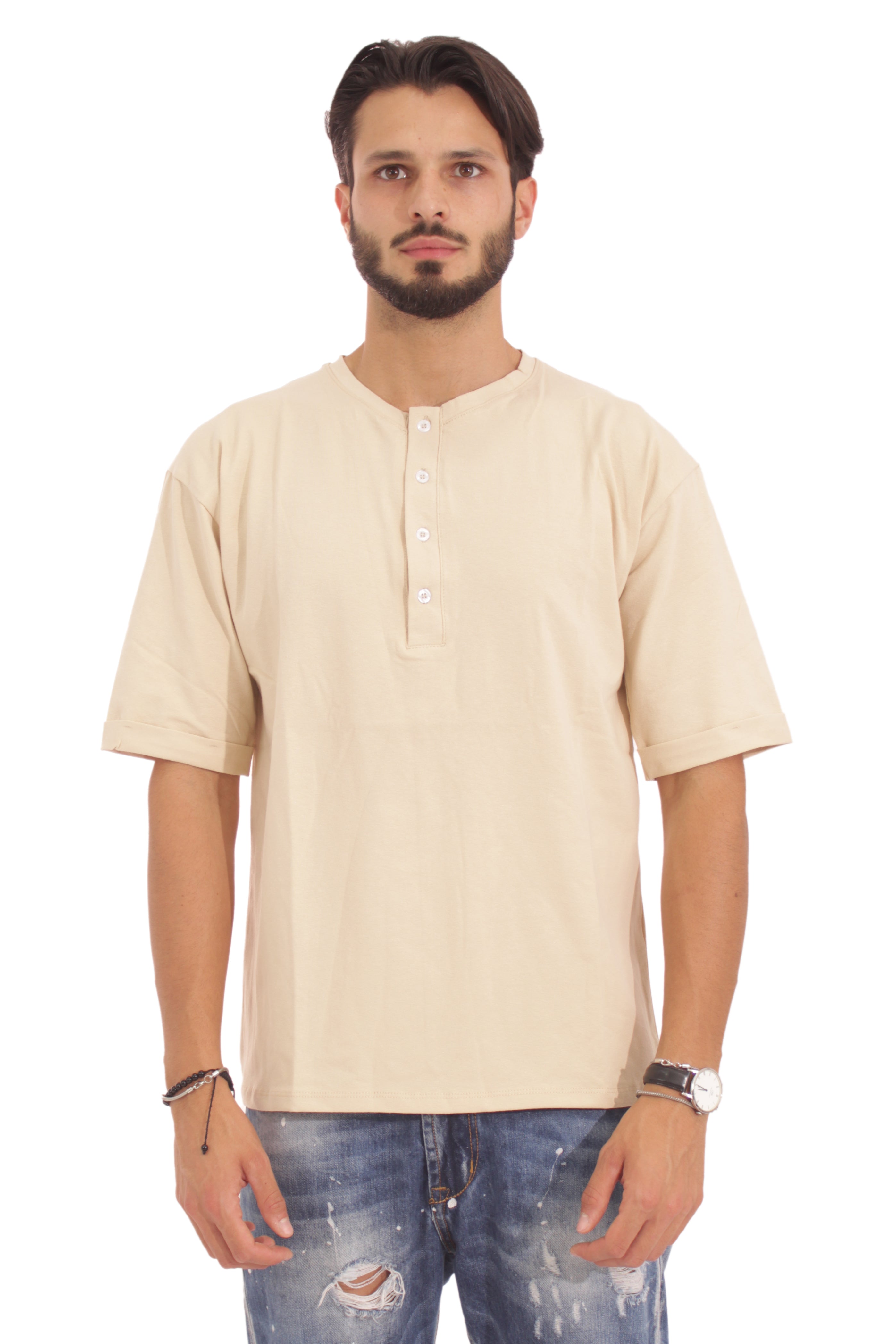 T-Shirt Uomo Con 4 Bottoni Beige Art. Ts110