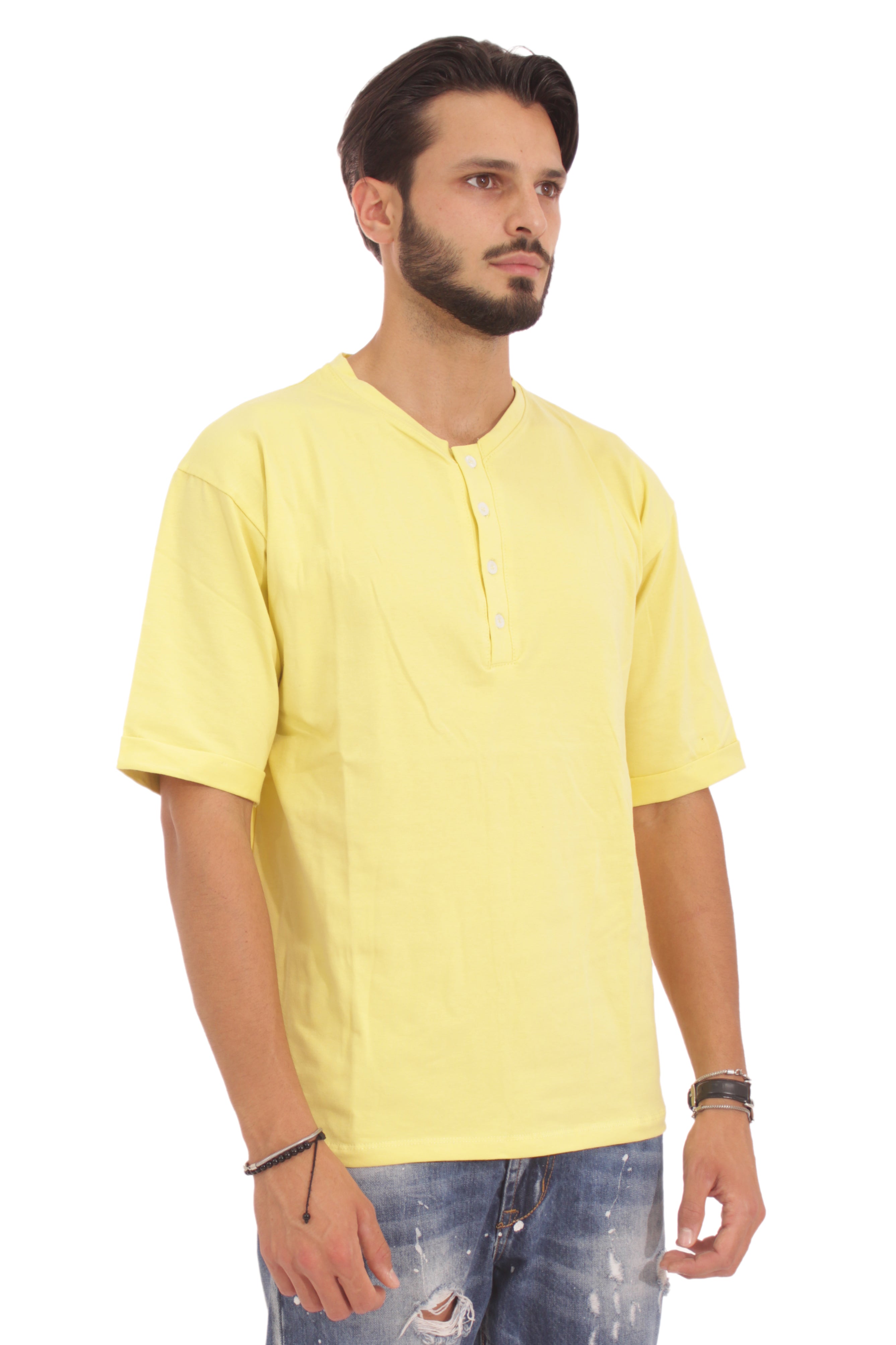 T-Shirt Uomo Con 4 Bottoni Giallo Paglierino Art. Ts110