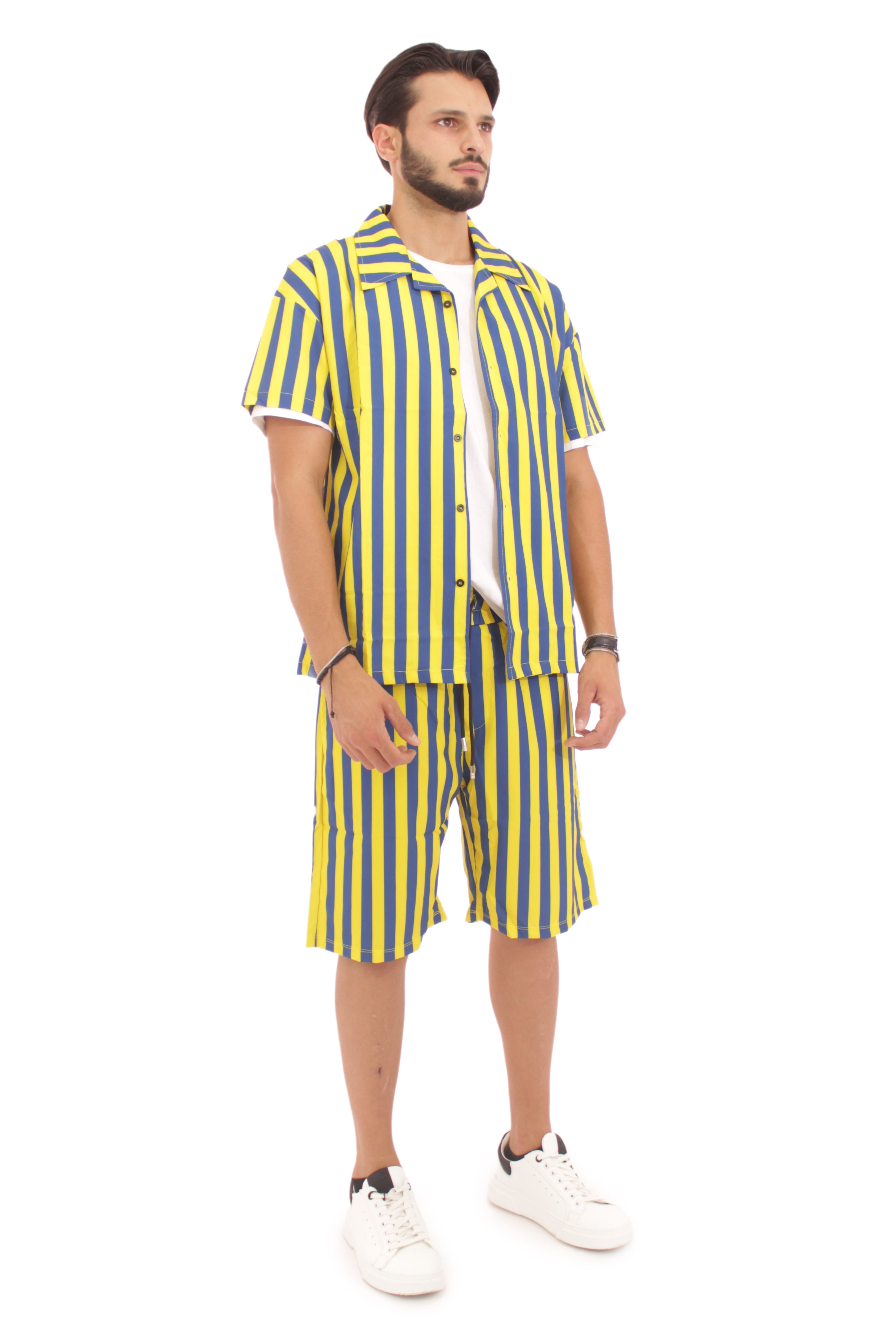 Coordinato Uomo Camicia e Pantalone a Righe Giallo/Blu Art. Cd01