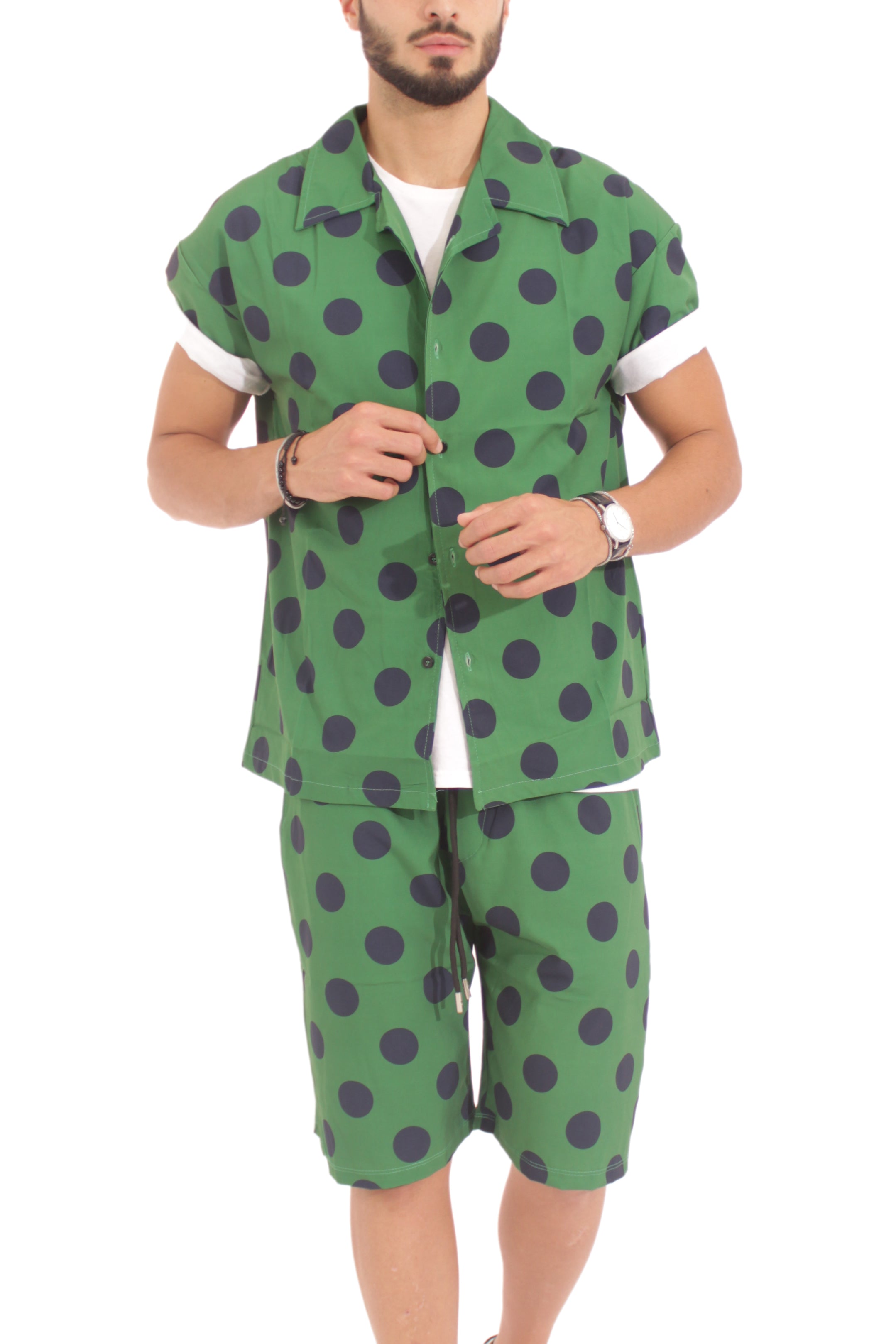 Coordinato Uomo Camicia e Pantalone a Pois Verde Art. Cd03