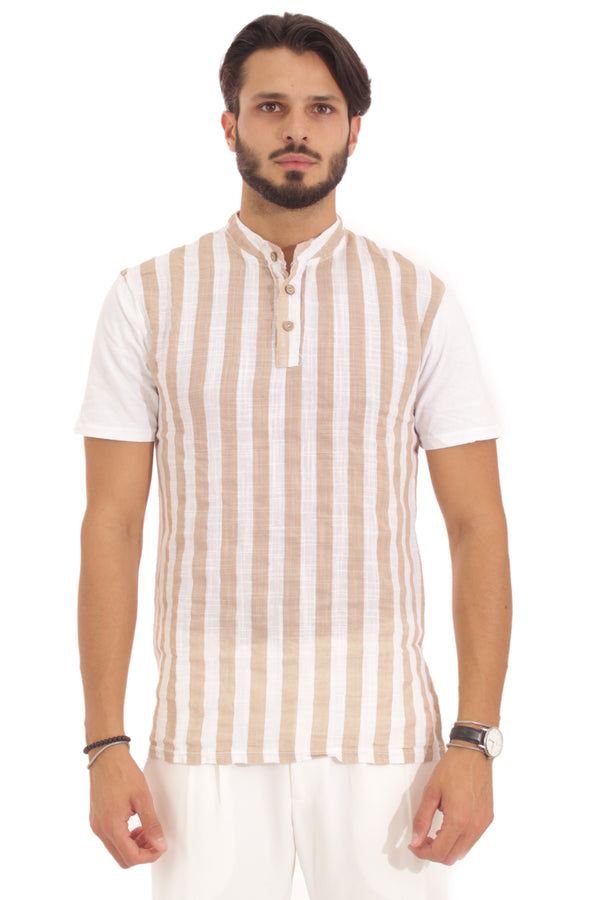T-shirt rayé beige à 3 boutons Art. Ts111