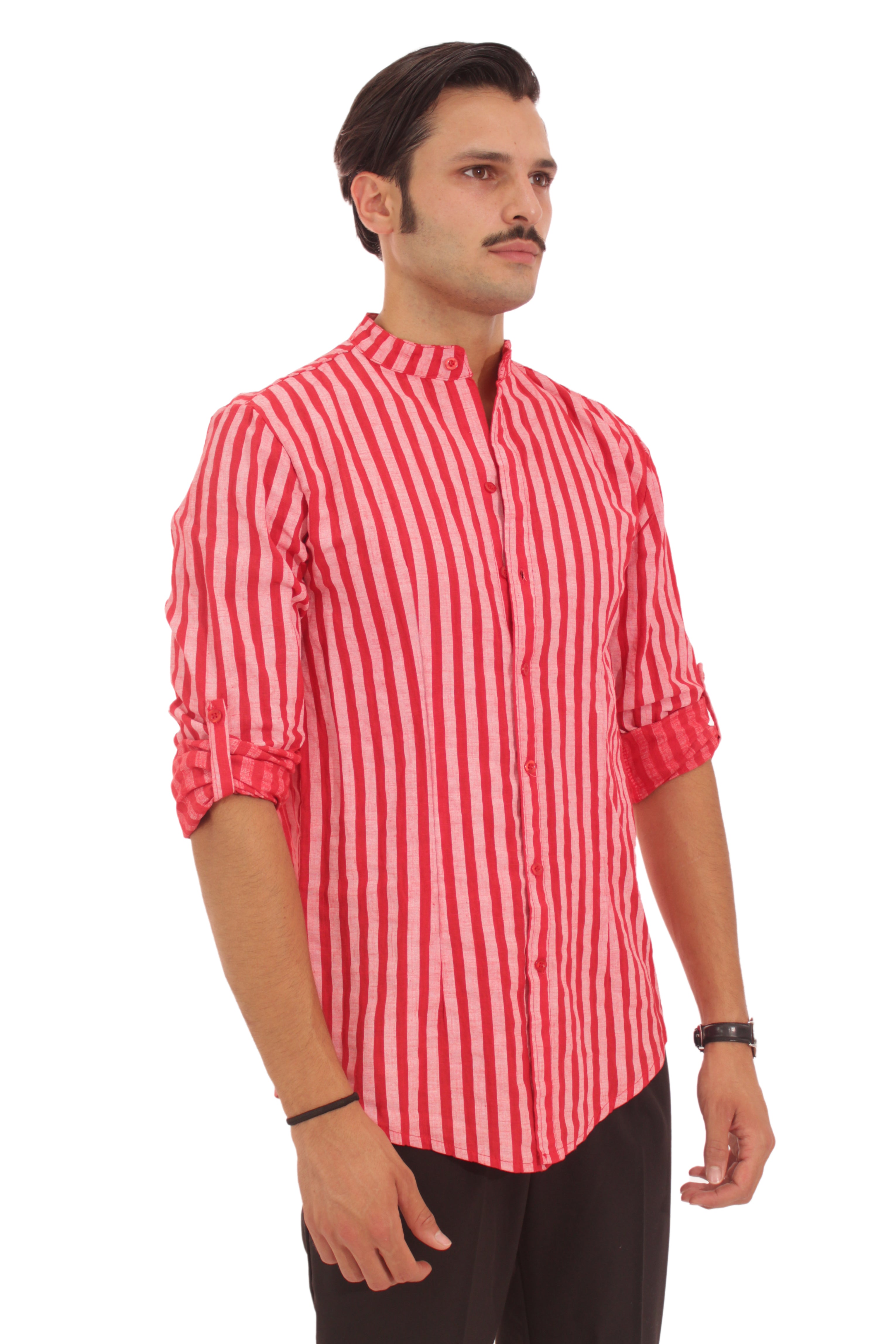 Camicia Uomo Righe Rosse Lino Colletto Coreano Art. Cm102