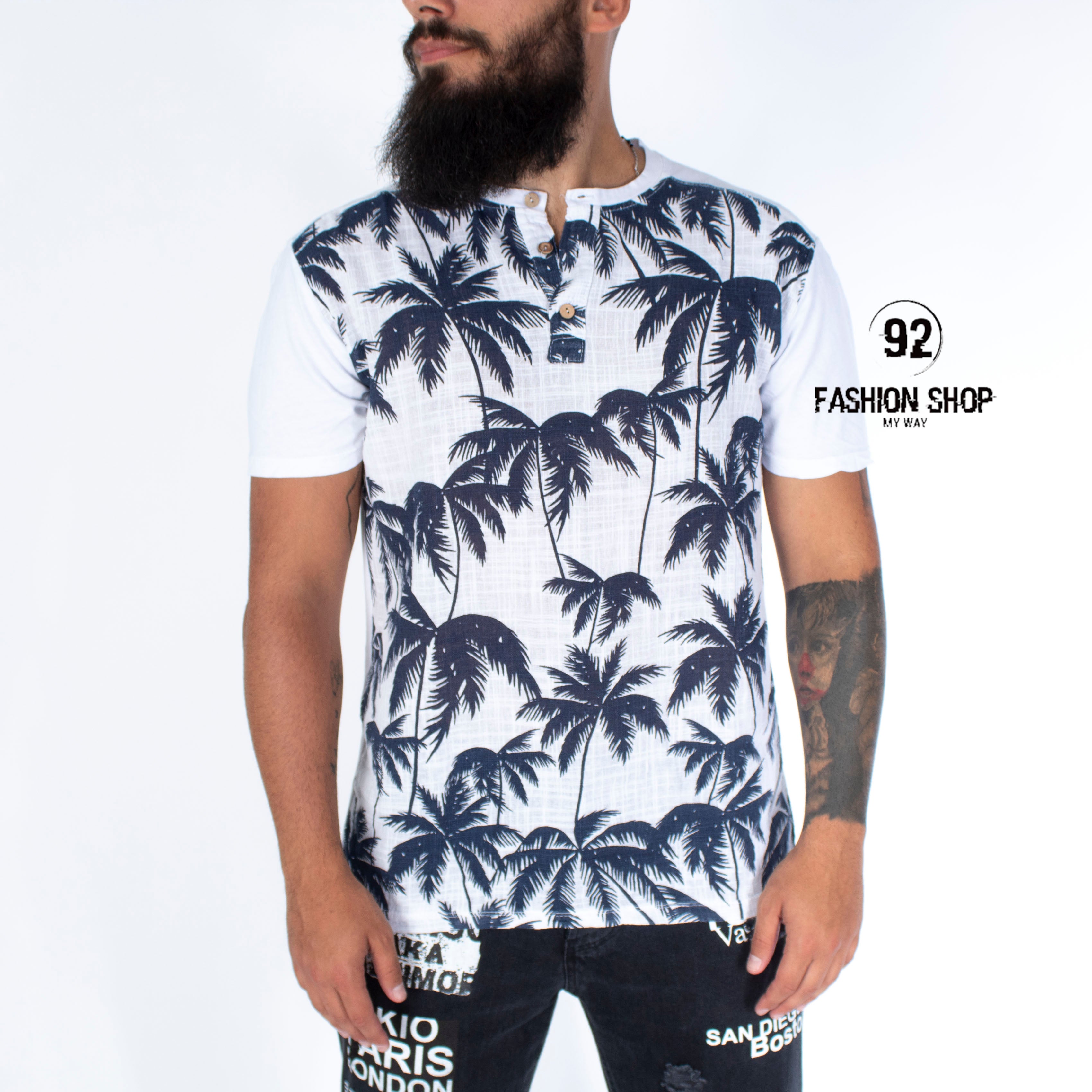 T-Shirt Uomo Cotone Con Bottoni Stampa Palme Art. Ts83