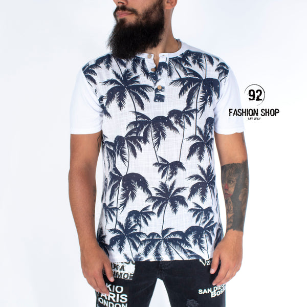 T-shirt en coton pour homme avec boutons imprimés palmiers Art. Ts83