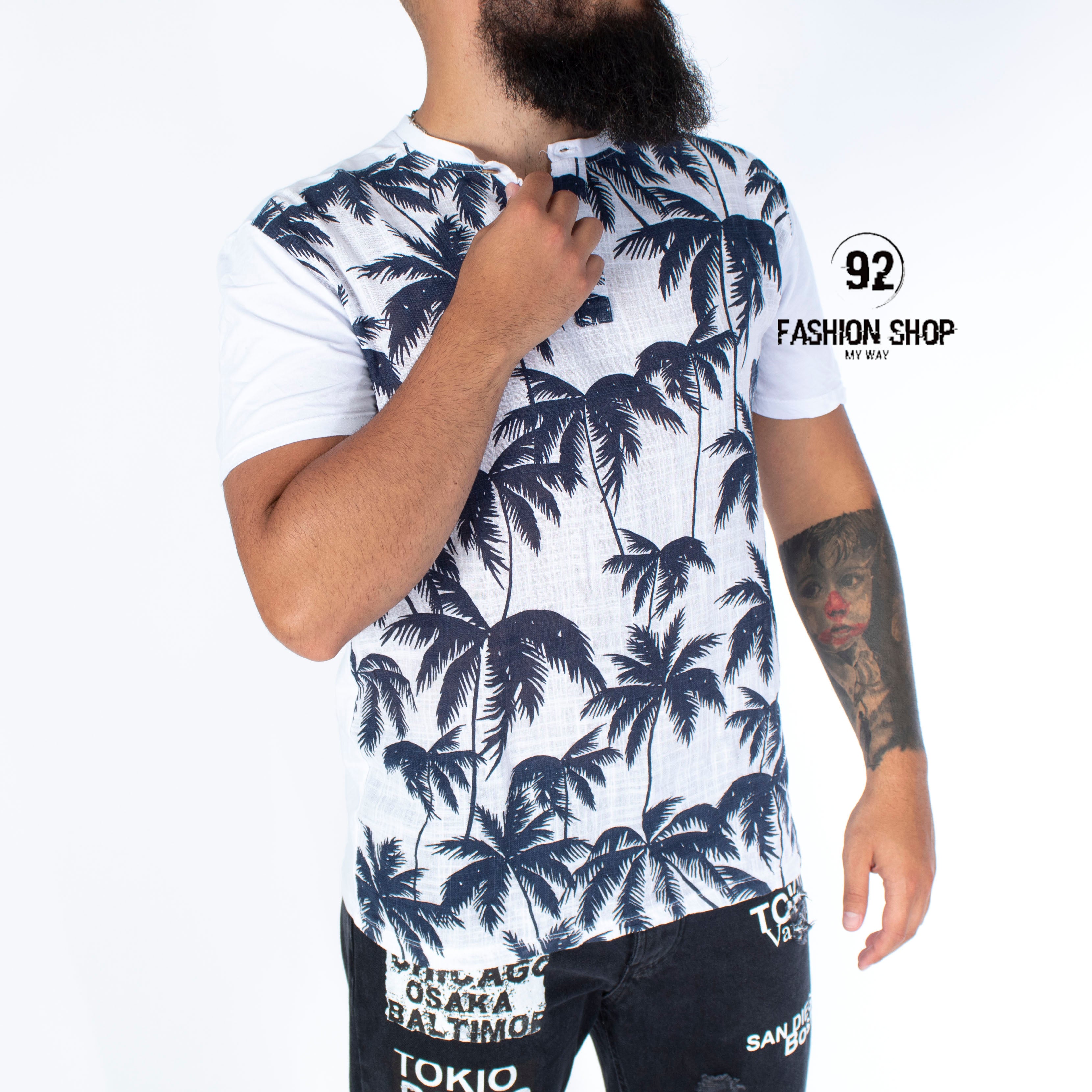 T-Shirt Uomo Cotone Con Bottoni Stampa Palme Art. Ts83