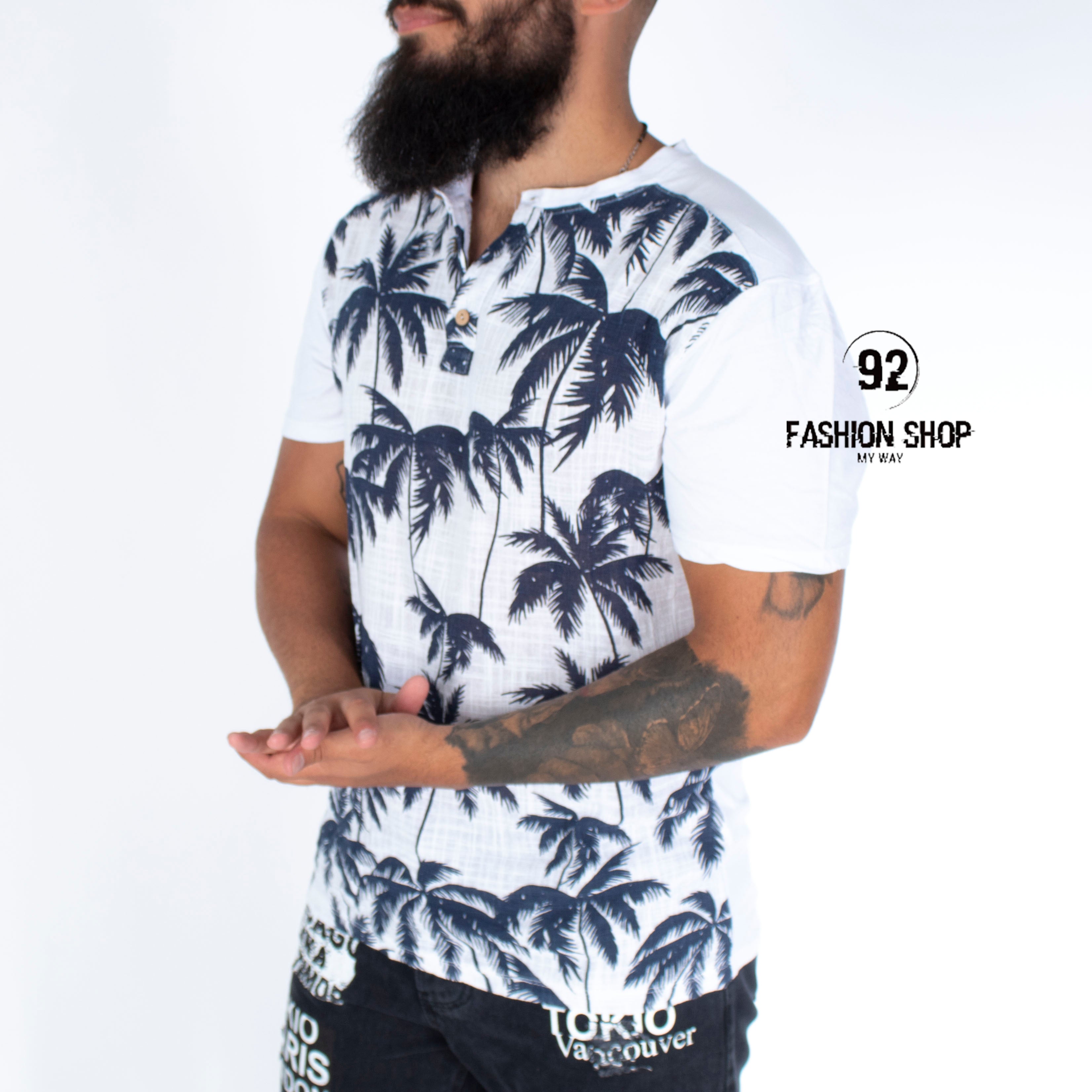 T-Shirt Uomo Cotone Con Bottoni Stampa Palme Art. Ts83