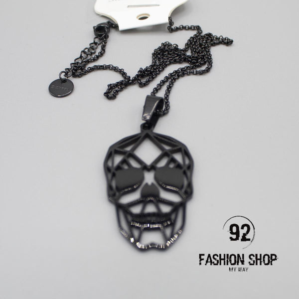 Collier noir en acier inoxydable avec tête de mort mexicaine